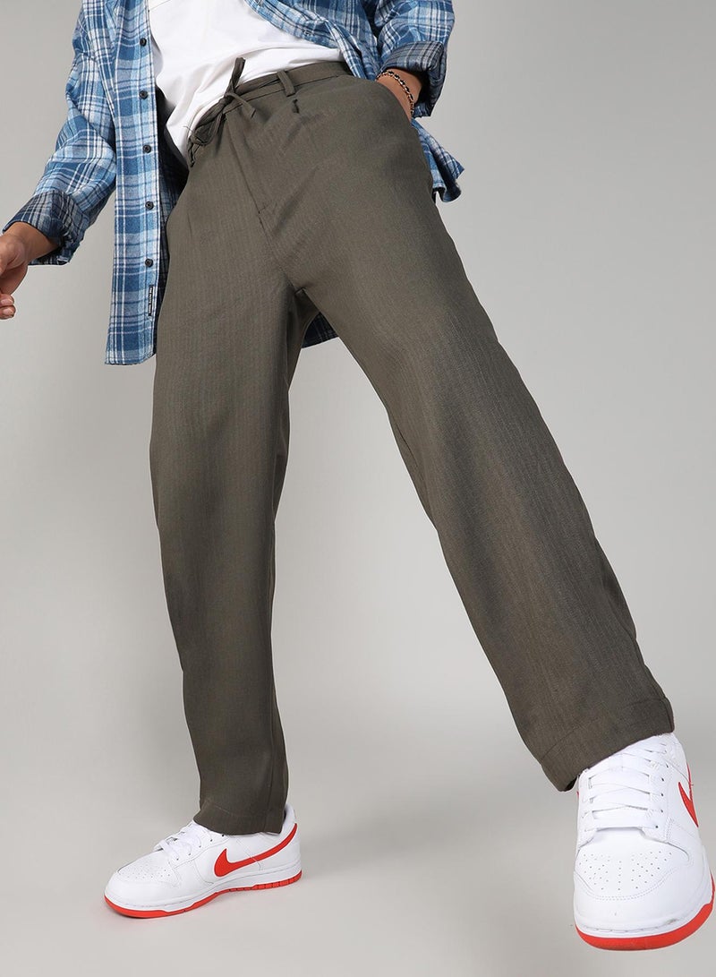 Campus Sutra Men's Olive Green Tailored Linen-Blend Trousers For Casual Wear | Tailored Fit | 4 Pockets | Drawstring Closure | Trousers Crafted With Comfort Fit For Everyday Wear - Image 1